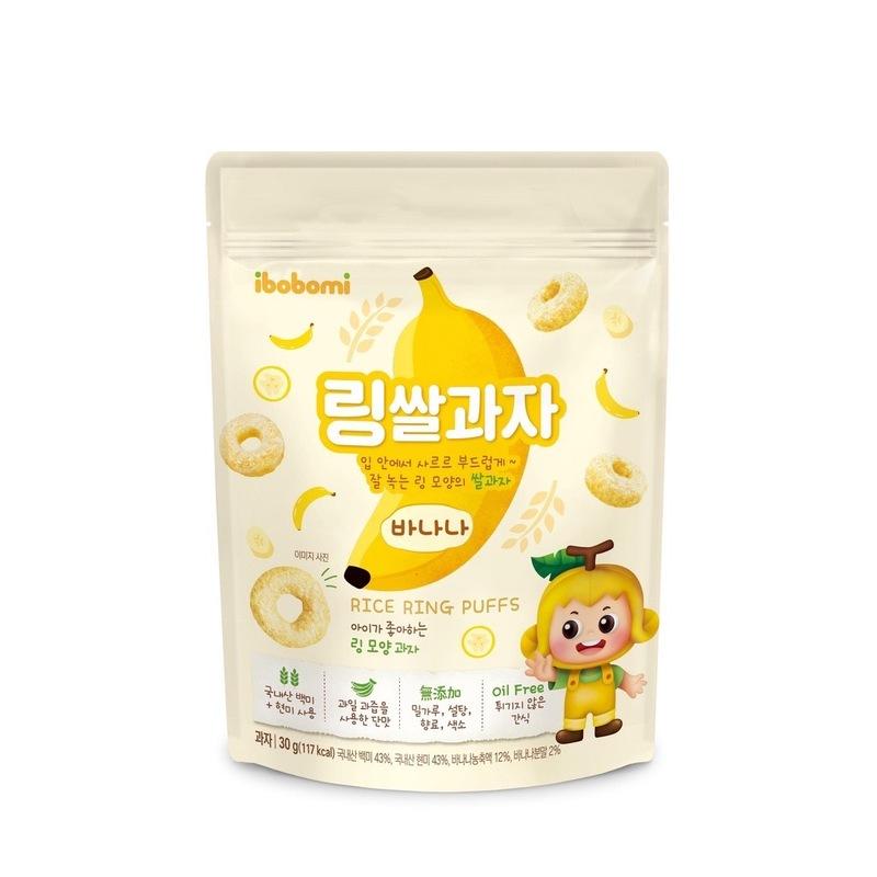 림쌀과자，입안에서 사르르 부드럽게.잘 녹는 링 모양의 쌀과자，바나나，이미지사진，아이가 좋아하는，링 모양과자，국내산 백미，+ 현미 사용，과자 30g(117kcal) 국내산 백미 43%, 국내산 현미 43%, 바나나농축액 12%