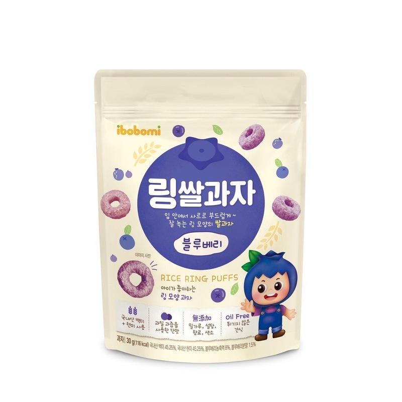 림쌀과자，입안에서 사르르 부드럽게~，잘 녹는 링 모양의 쌀과자，블루베리，이미지사진，국내산 백미，+ 한미 사용，아이가 좋아하는，링 모양과자，과일과즙을，사용한 단맛，밀가루, 설탕,향료, 색소，튀기지 않은，_과자(30g(116kc