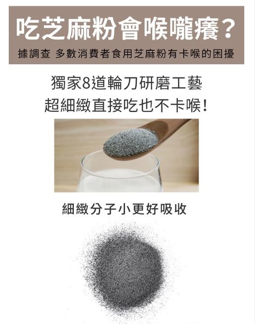 吃芝麻粉會喉嚨癢?據調查 多數消費者食用芝麻粉有卡喉的困擾，獨家8道輪刀研磨工藝，超細緻直接吃也不卡喉!細緻分子小更好吸收。