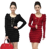 2012秋裝新款泡泡袖蛋糕裙圓領包臀中長款打底針織衫毛衣女