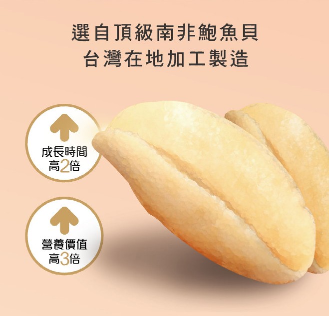 選自頂級南非鮑魚貝，台灣在地加工製造，成長時間，高2倍，營養價值，高3倍。