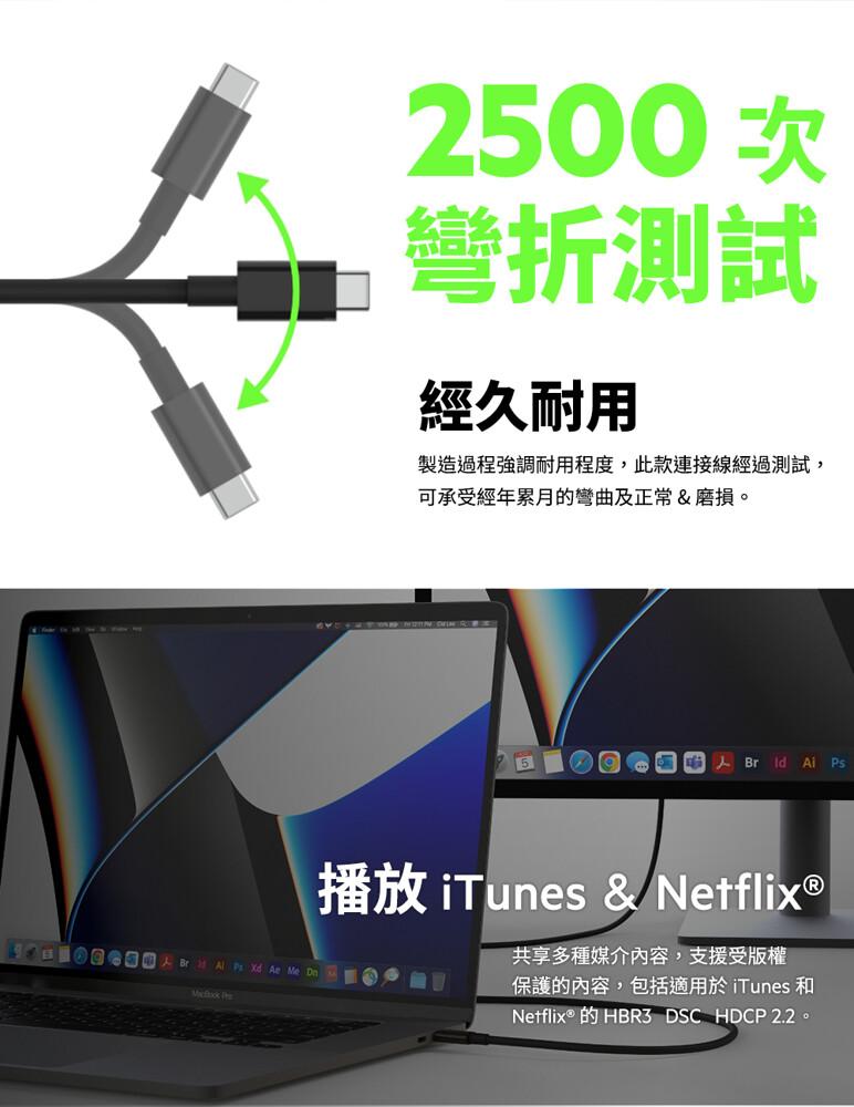 2500 次，彎折測試，經久耐用，製造過程強調耐用程度,此款連接線經過測試,可承受經年累月的彎曲及正常&磨損。播放 iTunes & Netflix®，共享多種媒介內容,支援受版權，保護的內容,包括適用於iTunes 和，Netflix® 的HBR3