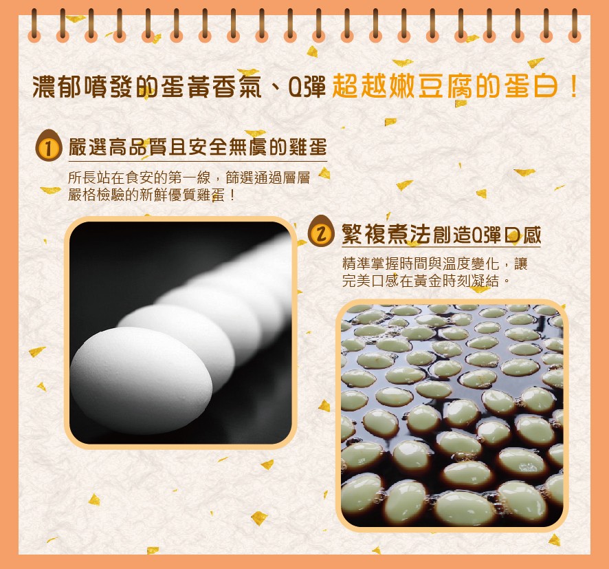 濃郁噴發的蛋黃香氣、 0彈超越嫩豆腐的蛋白 !①嚴選高品質目安全無虞的雞蛋，所長站在食安的第一線,飾選通過層層，嚴格檢驗的新鮮優質雞蛋!②繁複煮法創造0彈 D感，精準掌握時間與溫度變化,讓，完美口感在黃金時刻凝結。
