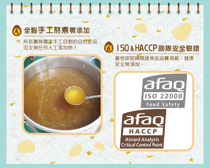 6全程手工熬煮雲添加,所長團隊獨家手工自製的自然飲品,完全無任何人工添加物!6IS0 & HACCP國際安全驗證,嚴格按照國際級食安品質規範,健康,安全無添加。