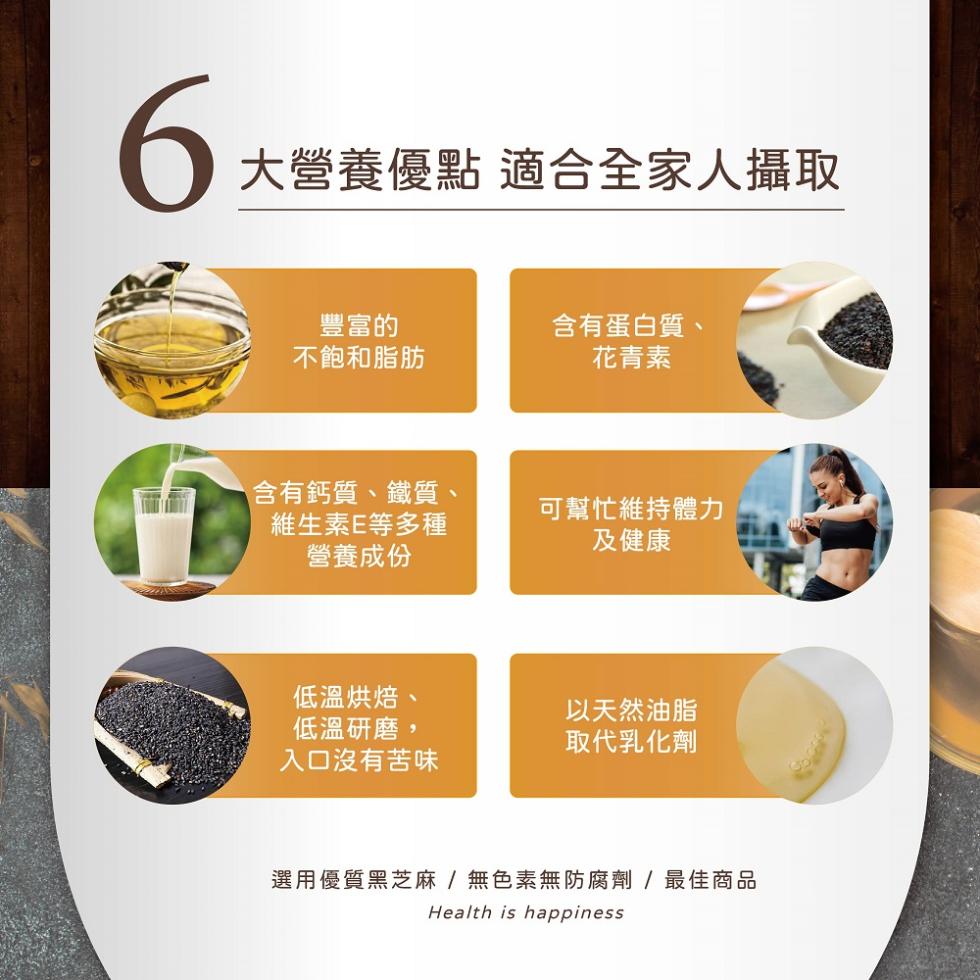 大營養優點 適合全家人攝取，豐富的，不飽和脂肪，含有鈣質、鐵質、維生素E等多種，營養成份，低溫烘焙、低溫研磨,入口沒有苦味，含有蛋白質、花青素，可幫忙維持體力，及健康，以天然油脂，取代乳化劑，選用優質黑芝麻 / 無色素無防腐劑/ 最佳商品。