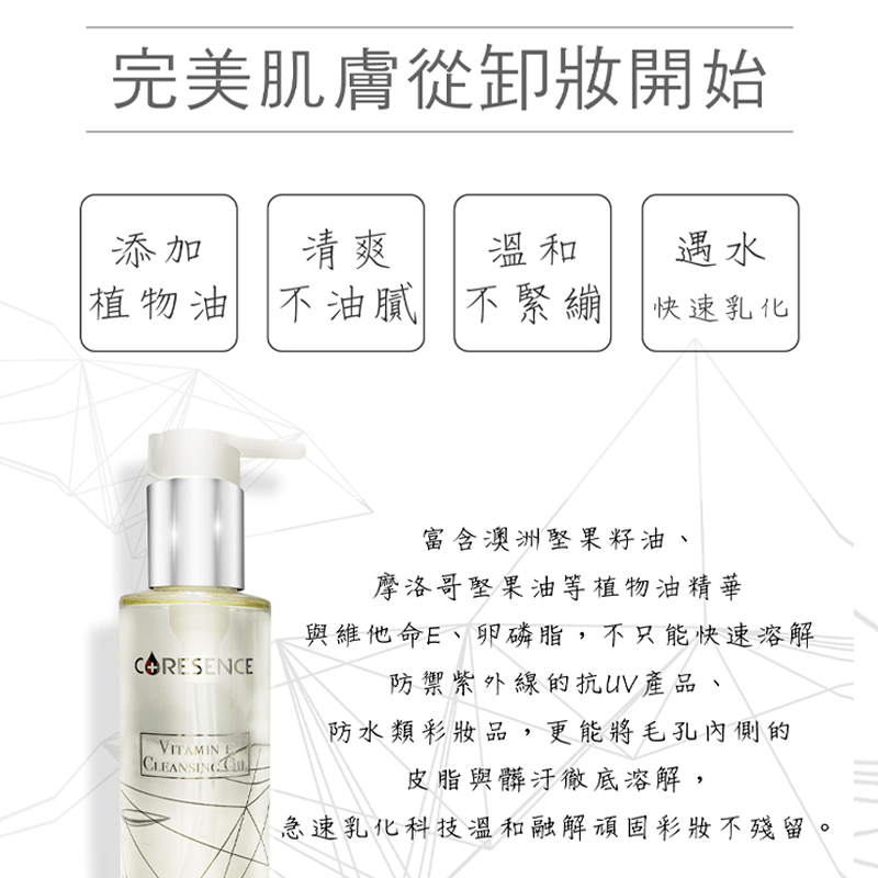 完美肌膚從卸妝開始,添加 清爽 溫和 遇水,植物油不油膩 不緊繃,快速乳化,富含澳洲堅果籽油、摩洛哥堅果油等植物油精華,與維他命E、卵磷脂,不只能快速溶解,防禦紫外線的抗UV產品、防水類彩妝品,更能將毛孔內側的,皮脂與髒汙徹底溶解,急速乳化科技溫和融