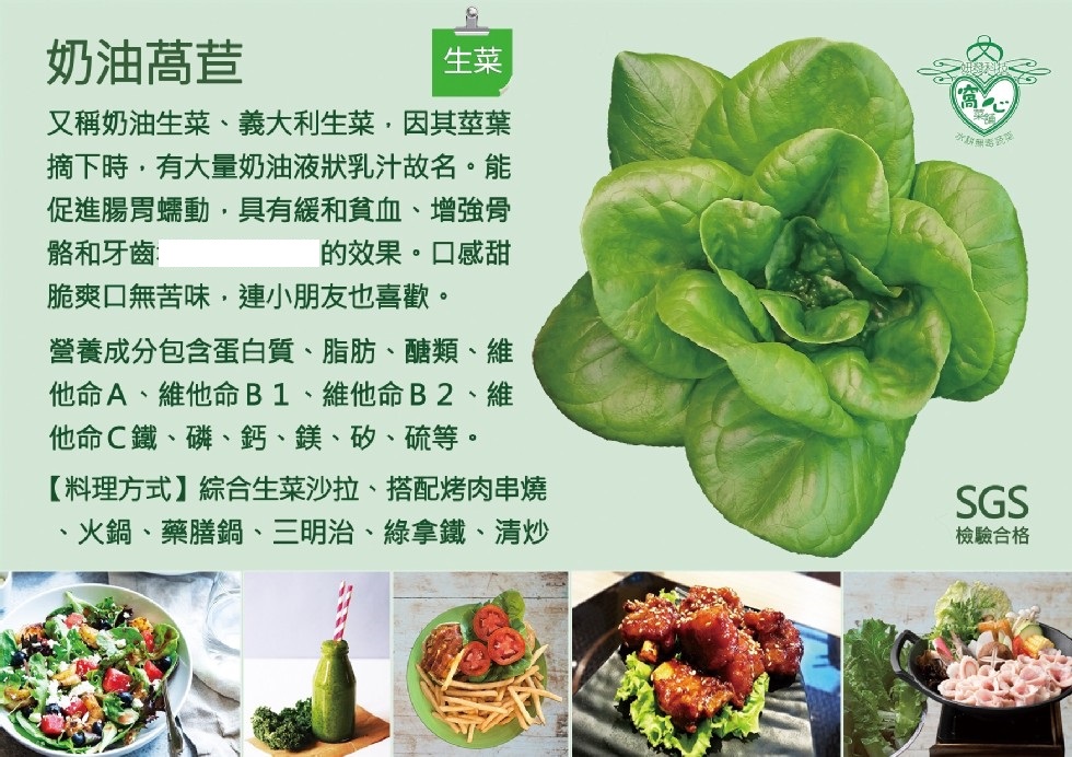 奶油萵苣，又稱奶油生菜、義大利生菜,因其莖葉，摘下時,有大量奶油液狀乳汁故名。能，促進腸胃蠕動,具有緩和貧血、增強骨，骼和牙齒的效果。口感甜，脆爽口無苦味,連小朋友也喜歡。營養成分包含蛋白質、脂肪、醣類、 維，他命A、維他命B1、維他命B