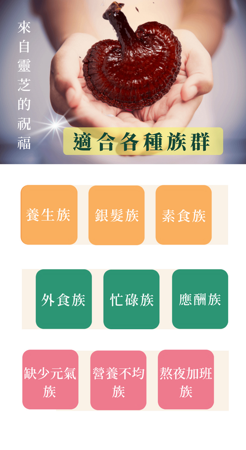 來自靈芝的祝福，適合各種族群，養生族 銀髮族 素食族，外食族 忙碌族 應酬族，缺少元氣 營養不均 熬夜加班。