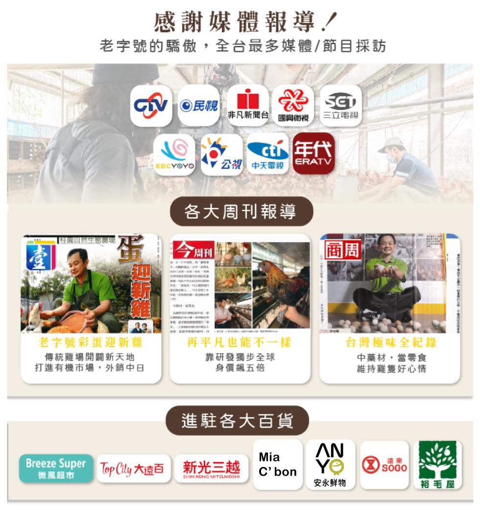 感謝媒體報導/，老字號的驕傲,全台最多媒體/節目採訪，微風超市，GV O民視，老字號彩蛋迎新雞，傳統雞場開闢新天地，打進有機市場,外銷中日，各大周刊報導，今周刊，非凡新聞台 國興衛視 三立電視，1 年代，公視中天電視，再平凡也能不一樣，靠研發獨步全球