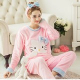 【兩件式】法蘭絨保暖居家套裝_粉/藍KT猫+髮帶絨
