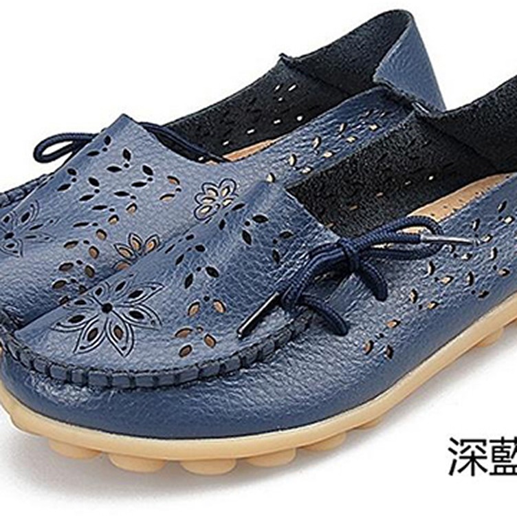 真皮牛筋底防滑鏤空雕花豆豆/懶人鞋★耐震透氣★深藍