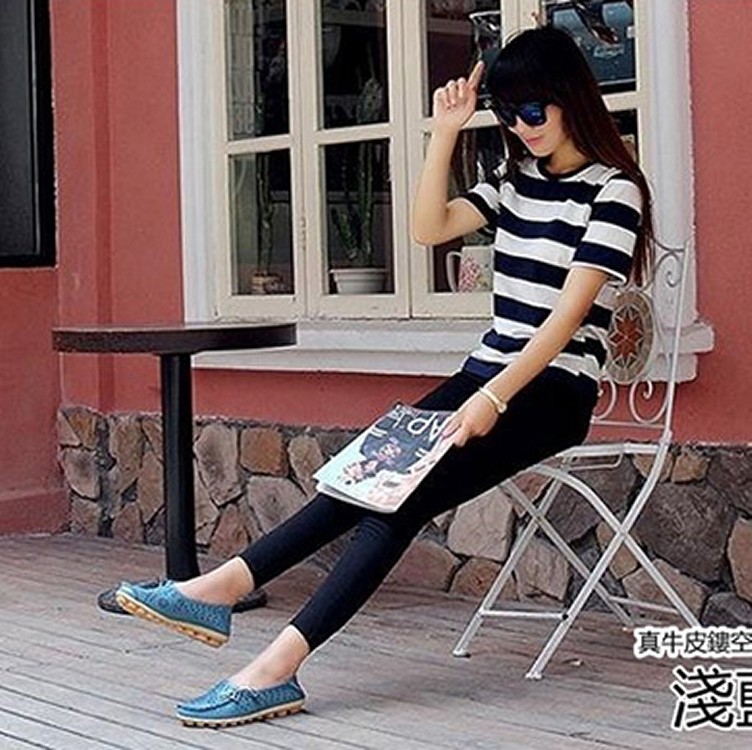 真皮牛筋底防滑鏤空雕花豆豆/懶人鞋★耐震透氣★淺藍