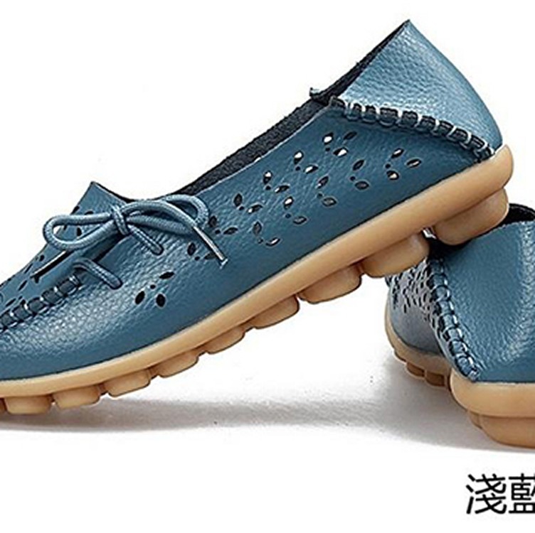真皮牛筋底防滑鏤空雕花豆豆/懶人鞋★耐震透氣★淺藍