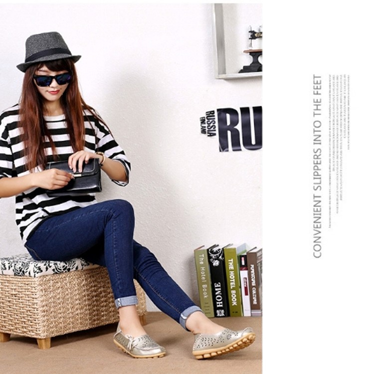 真皮牛筋底防滑鏤空雕花豆豆/懶人鞋★耐震透氣★香檳