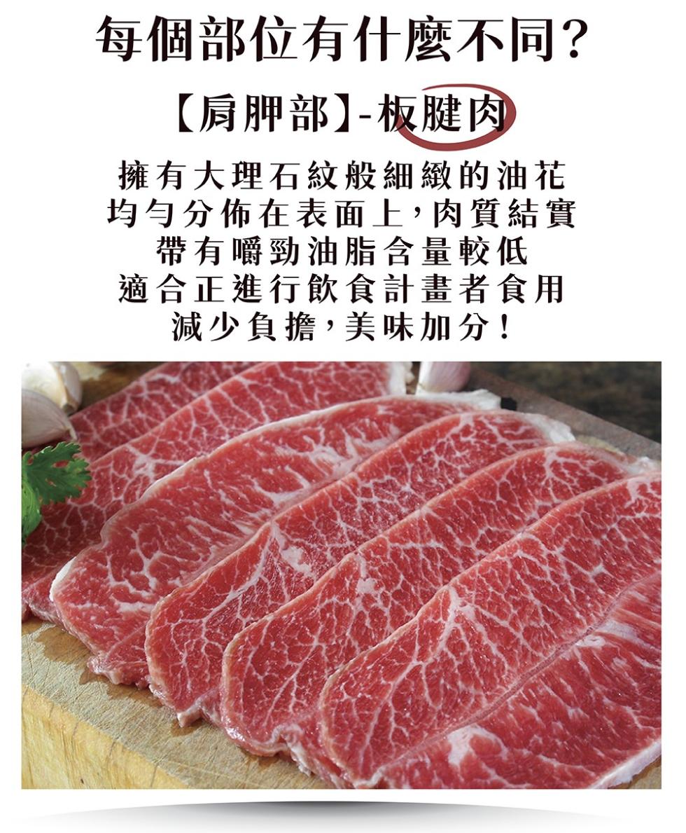 每個部位有什麼不同?【肩胛部】-板腱肉，擁有大理石紋般細緻的油花，均勻分佈在表面上,肉質結實，帶有嚼勁油脂含量較低，適合正進行飲食計畫者食用，減少負擔,美味加分!。