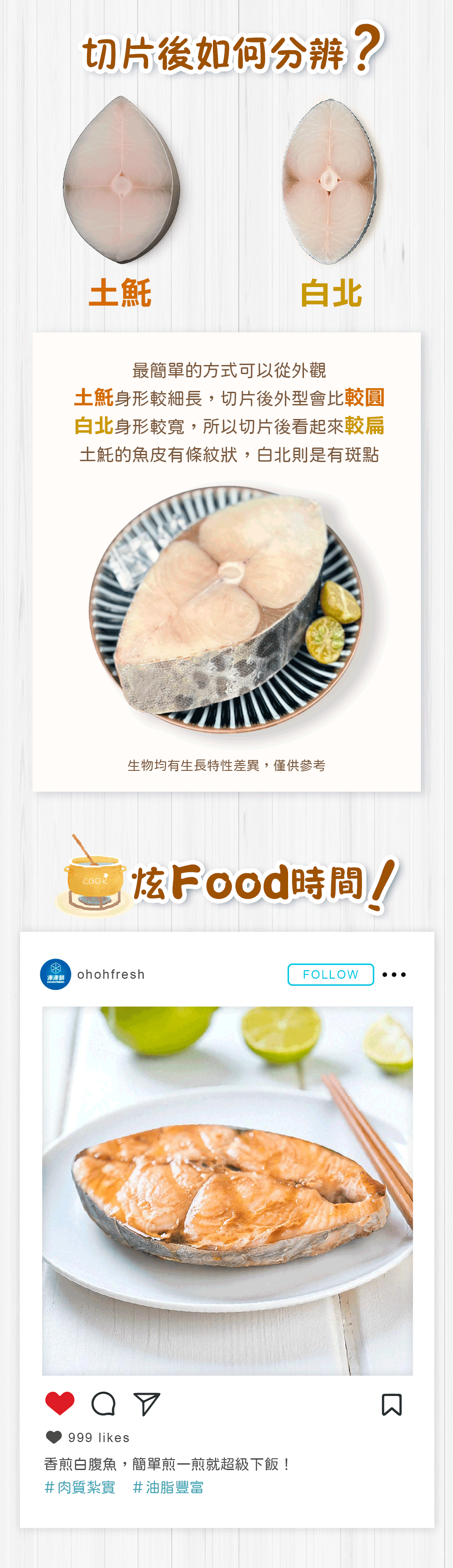 凍凍鮮,切片後如何分辨?最簡單的方式可以從外觀,土魠身形較細長,切片後外型會比較圓,白北身形較寬,所以切片後看起來較扁,土魠魚皮有條紋狀,白北則是有斑點,生物均有生長特性差異,僅供參考,炫Food時間!香煎白腹魚,簡單煎一煎就超級下飯!#肉質紮實 #