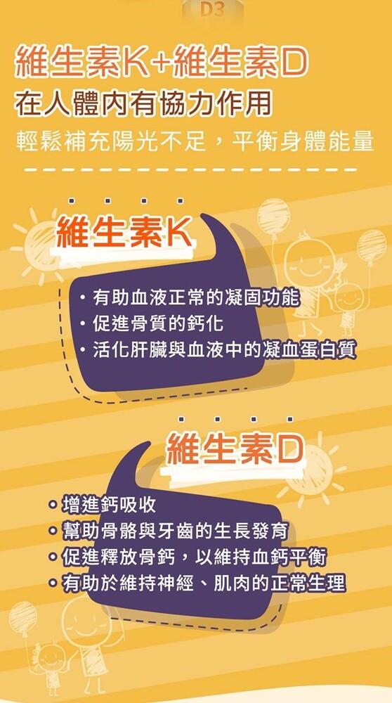 維生素K+維生素D，在人體內有協力作用，輕鬆補充陽光不足,平衡身體能量，維生素K，有助血液正常的凝固功能，促進骨質的鈣化，活化肝臟與血液中的凝血蛋白質，維生素D，◎增進鈣吸收，幫助骨骼與牙齒的生長發育，◎促進釋放骨鈣,以維持血鈣平衡，有助於維持神經、