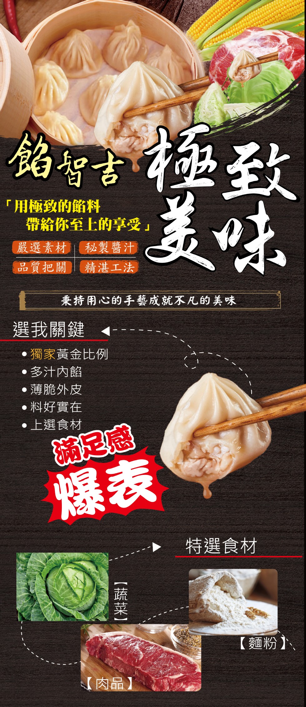 銘可言極致，用極致的餡料，帶給你至上的享受嚴選素材秘製醬汁，品質把關精湛工法，秉持用心的手藝成就不凡的美味，選我關鍵，●獨家黃金比例列，多汁内餡，●薄脆外皮，●料好實在，上選食材，特選食材，【麵粉】、【肉品】，【蔬菜】。
