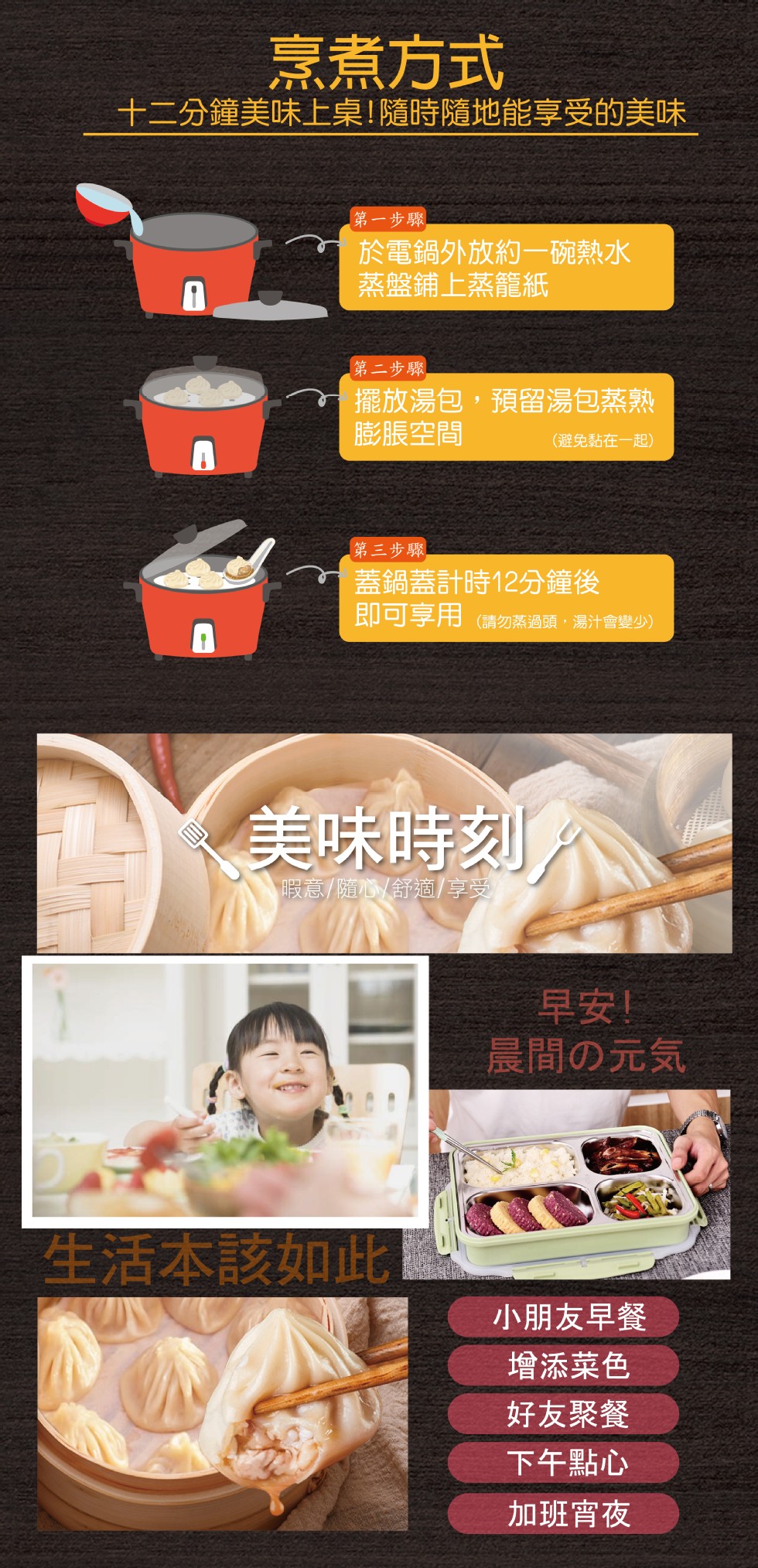 烹煮方式，十二分鐘美味上桌!隨時隨地能享受的美味，第一步驟，於電鍋外放約一碗熱水，蒸盤鋪上蒸籠紙，第二步驟，擺放湯包,預留湯包蒸熟，膨脹空間，(避免黏在一起)，第三步驟，蓋鍋蓋計時12分鐘後，即可享用(請勿蒸過頭,湯汁會變少)，美味時刻，暇意/隨心/