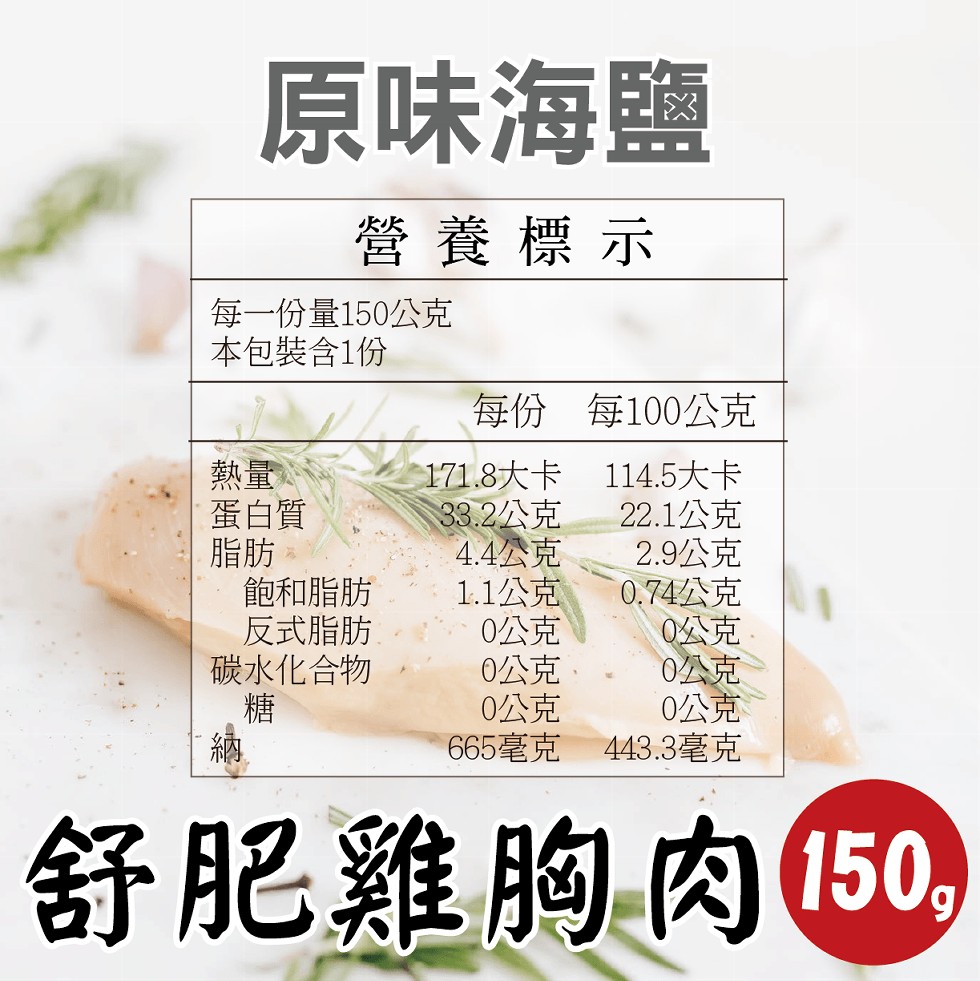 原味海鹽，營養標示，每一份量150公克，本包裝含1份，每份 每100公克，114.5大卡，22.1公克，2.9公克，0.74公克，蛋白質，飽和脂肪，反式脂肪，碳水化合物，171.8大卡，33.2公克，4.4公克，1.1公克，0公克，0公克，0公克，6