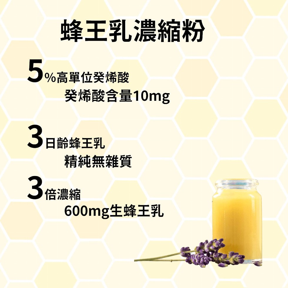 蜂王乳濃縮粉，5%高單位癸烯酸，癸烯酸含量10mg，3日齢蜂王乳，精純無雜質，3倍濃縮，600mg生蜂王乳。