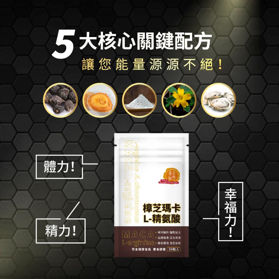 5大核心關鍵配方，讓您能量源源不絕!體力!精力!樟芝瑪卡，L-精氨酸，MACA 體力把傳，專利原料 獨家配方，草本保健食品 素食眼囊30粒入，幸福力!。
