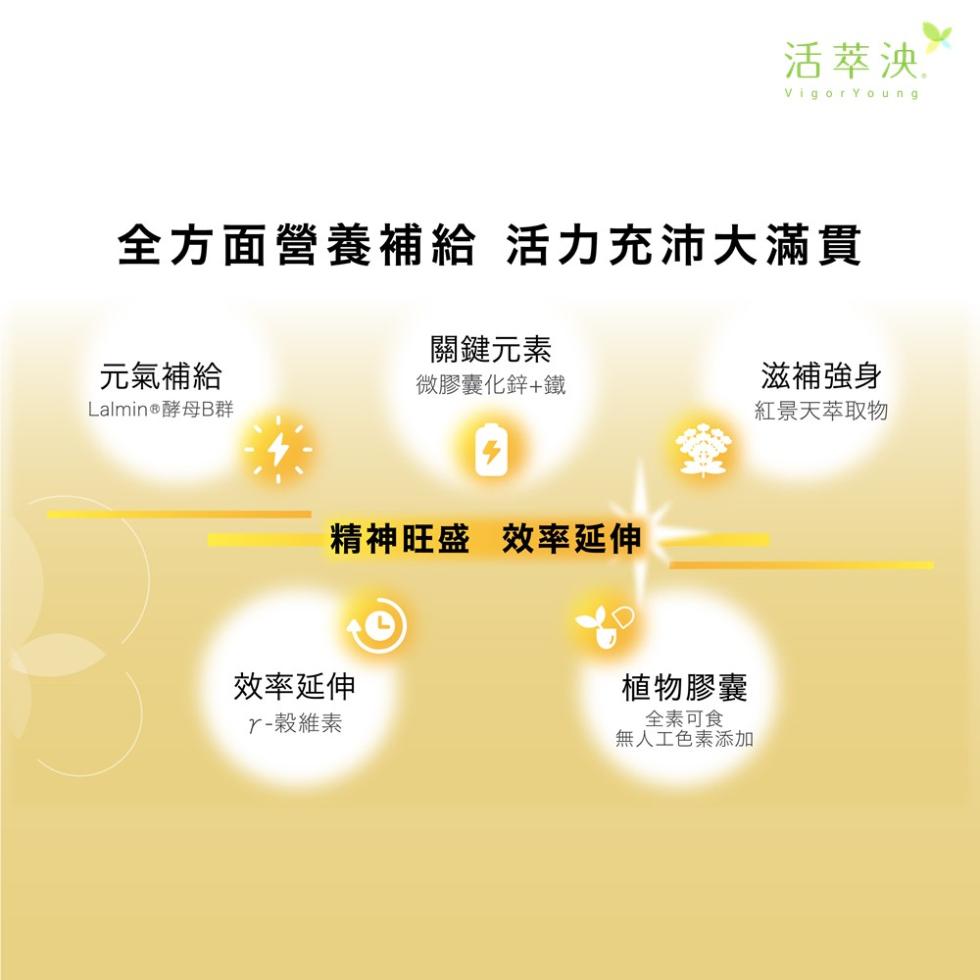 全方面營養補給 活力充沛大滿貫，元氣補給，Lalmin®酵母B群，關鍵元素，微膠囊化鋅+鐵，精神旺盛 效率延伸，效率延伸，r-穀維素，活萃泱․，植物膠囊，全素可食，無人工色素添加，滋補強身，紅景天萃取物。
