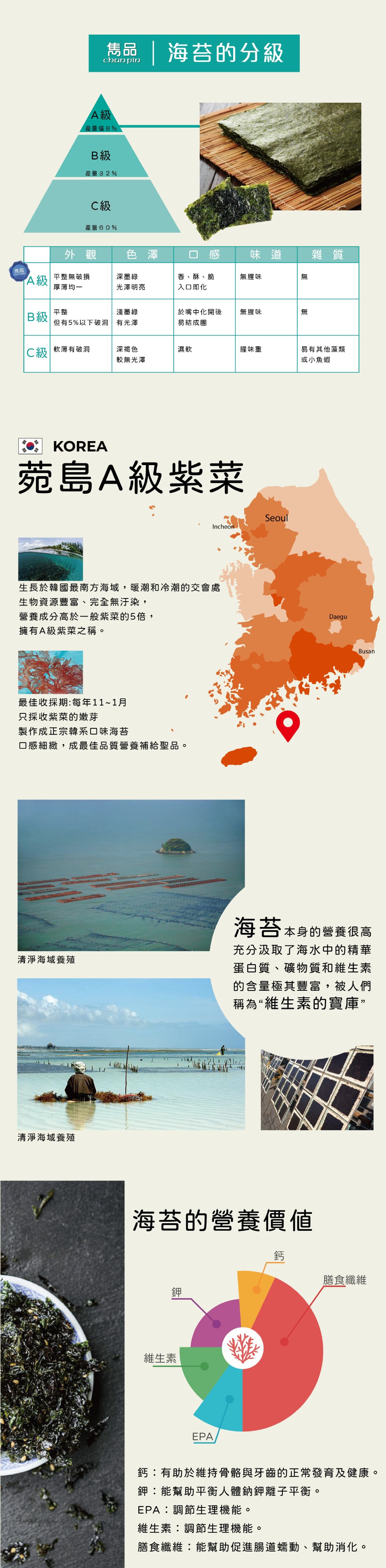 馬品海苔的分級，產量僅8%，產量32%，產量60%，外 觀，色 澤，口 感，香、酥、脆，入口即化，平整無破損，深墨綠，無腥味，厚薄均一，光澤明亮，淺墨綠，但有5%以下破洞有光澤，於嘴中化開後，無腥味，易結成團，C級軟薄有破洞，深褐色，腥味重，易有其他