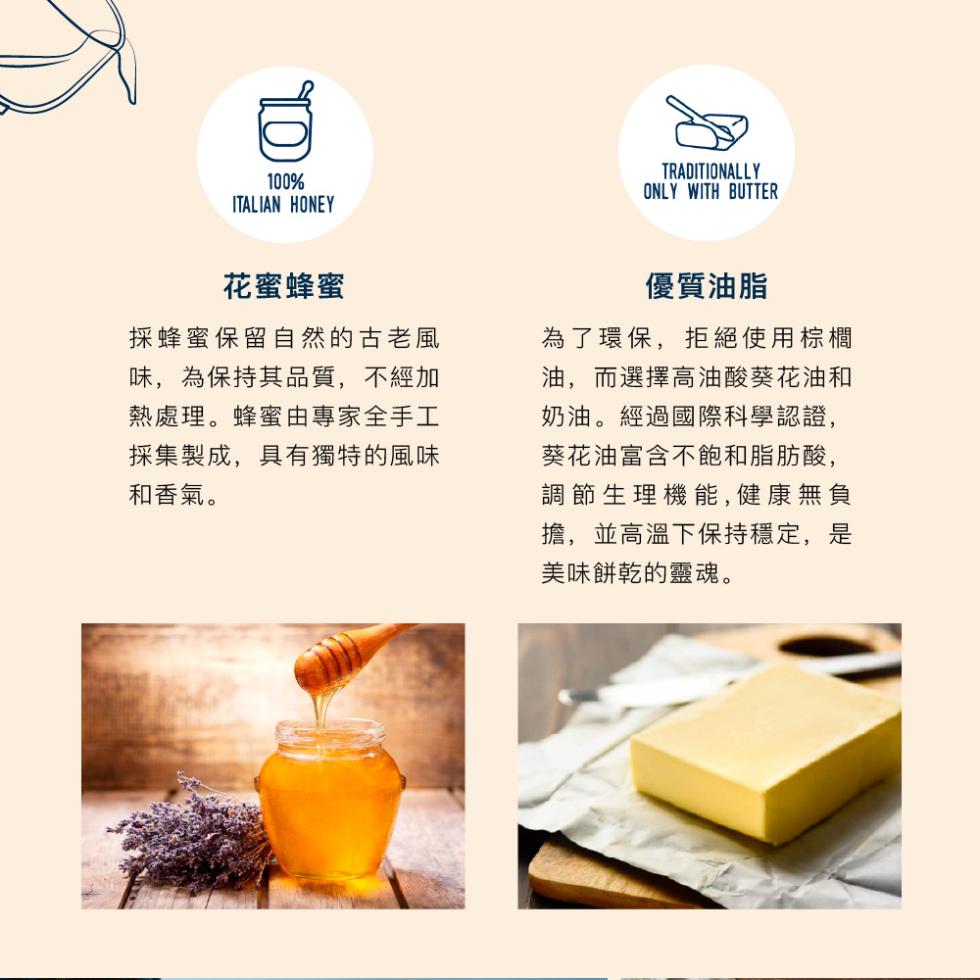 花蜜蜂蜜，採蜂蜜保留自然的古老風，味,為保持其品質,不經加，熱處理。蜂蜜由專家全手工，採集製成,具有獨特的風味，和香氣。優質油脂，為了環保,拒絕使用棕櫚，油,而選擇高油酸葵花油和，奶油。經過國際科學認證,葵花油富含不飽和脂肪酸,調節生理機能,健康無負