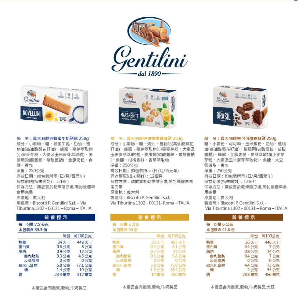 ·dal 1890.品名:義大利經典蜂蜜牛奶餅乾 250g，成分:小麥粉、糖、殺菌牛乳、奶油、植，物油(高油酸葵花籽油)、蜂蜜、麥芽萃取物，(小麥麥芽粉、大麥及玉米麥芽萃取物)、膨，脹劑(碳酸氫銨、碳酸氫鈉)、全脂奶粉、食，鹽、香料，淨重:250公克