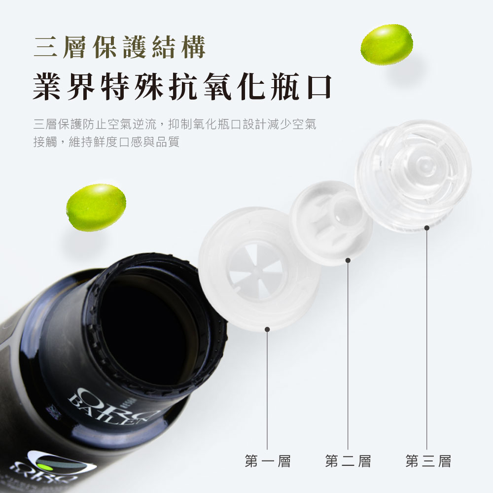 三層保護結構，業界特殊抗氧化瓶口，三層保護防止空氣逆流,抑制氧化瓶口設計減少空氣，接觸,維持鮮度口感與品質，第一層，第二層，第三層。