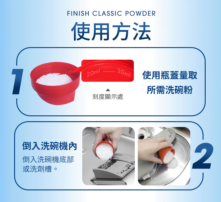 使用方法，倒入洗碗機內，倒入洗碗機底部，或洗劑槽。刻度顯示處，使用瓶蓋量取，所需洗碗粉。