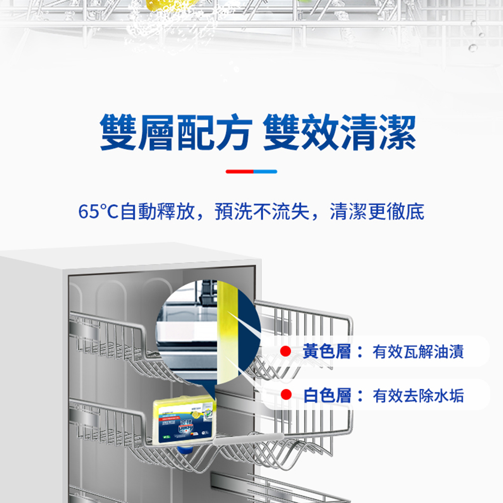 雙層配方 雙效清潔，65℃自動釋放,預洗不流失,清潔更徹底，黃色層: 有效瓦解油漬，白色層: 有效去除水垢。