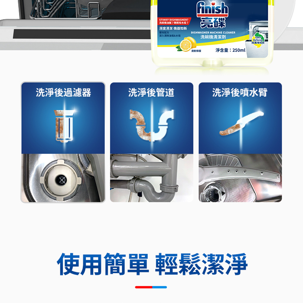 洗淨後過濾器，洗菜機油?只有水垢?深度清潔 機器如新，雙效配方， 深入清除油垢层水垢，洗淨後管道，洗碗機清潔劑，清新体權，淨含量:250ml，除異味反而，洗淨後噴水臂，使用簡單 輕鬆潔淨。