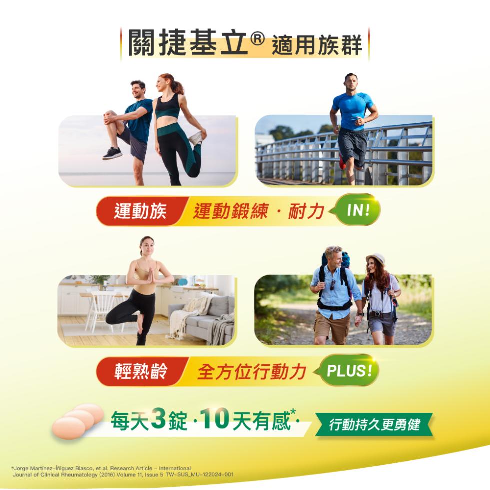 關捷基立 ® 適用族群 ，運動族 運動鍛練·耐力 IND，輕熟齡 全方位行動力~ PLUS!每天3錠.10天有感 ·，行動持久更勇健。