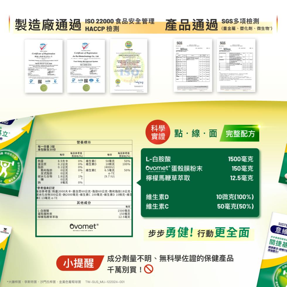 製造廠通過，ISO 22000食品安全管理，HACCP 檢測，產品通過，每一份量3號，本包裝含30份，營養標示，SGS多項檢測，(重金屬、塑化劑、微生物)，點·線·面 完整配方，每日參考值，百分比(%)，每日參考值，百分比(%)，熱量:8.9大卡，維