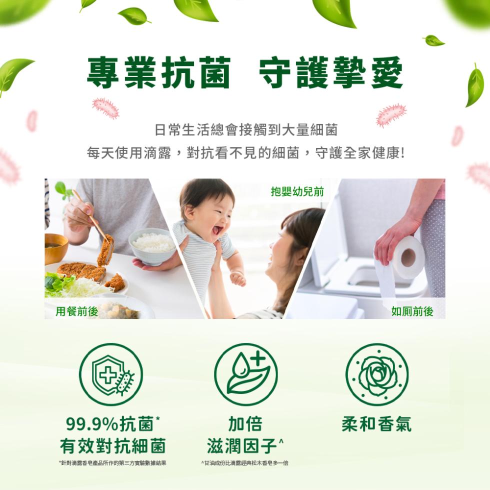 專業抗菌 守護摯愛，日常生活總會接觸到大量細菌，每天使用滴露,對抗看不見的細菌,守護全家健康!用餐前後，抱嬰幼兒前，99.9%抗菌，有效對抗細菌，針對滴露香皂產品所作的第三方實驗數據結果，滋潤因子”，甘油成份比滴露經典松木香皂多一倍，如廁前後，柔和香