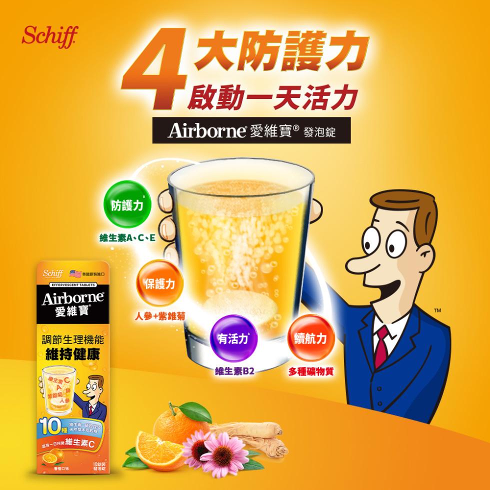 4大防護力，啟動一天活力，Airborne 愛維寶®發泡錠，Schiff 原裝進口，防護力，維生素A、C、E，保護力，愛維寶，人參+紫錐菊，調節生理機能，有活力，續航力，維持健康，維生素B2，多種礦物質，種天然草本五粒构。本宮一日任处:維生素C，10