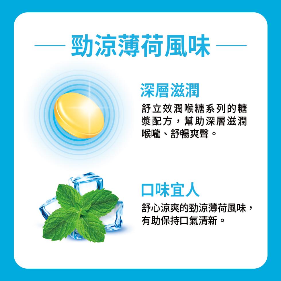 勁涼薄荷風味 ——，深層滋潤，舒立效潤喉糖系列的糖，漿配方,幫助深層滋潤，喉嚨、舒暢爽聲。口味宜人，舒心涼爽的勁涼薄荷風味,有助保持口氣清新。