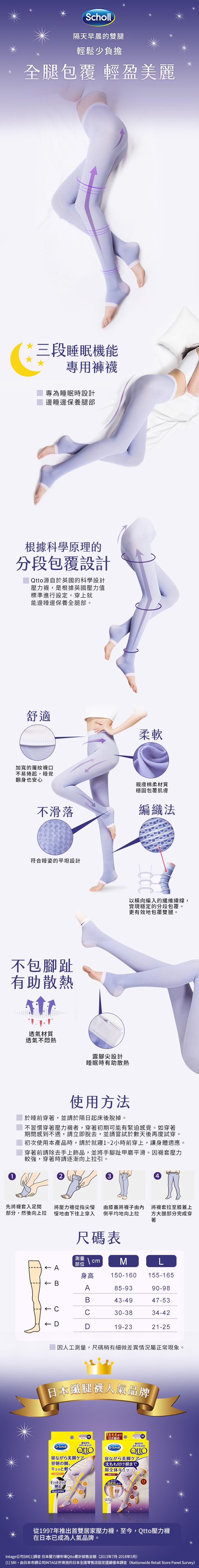 隔天早晨的雙腿，輕鬆少負擔，全腿包覆 輕盈美麗，三段睡眠機能，專用褲襪，專為睡眠時設計，邊睡邊保養腿部，根據科學原理的，分段包覆設計，Qtto源自於英國的科學設計，壓力襪,是根據英國壓力值，標準進行設定。穿上就，能邊睡邊保養全腿部。加寬的羅紋襪口，不