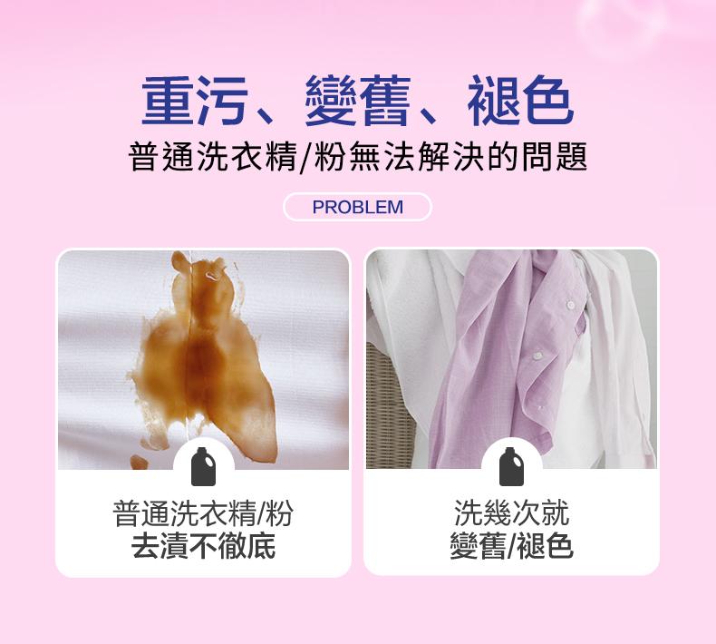 重污、變舊、褪色，普通洗衣精/粉無法解決的問題，普通洗衣精/粉，去漬不徹底，洗幾次就，變舊/褪色。