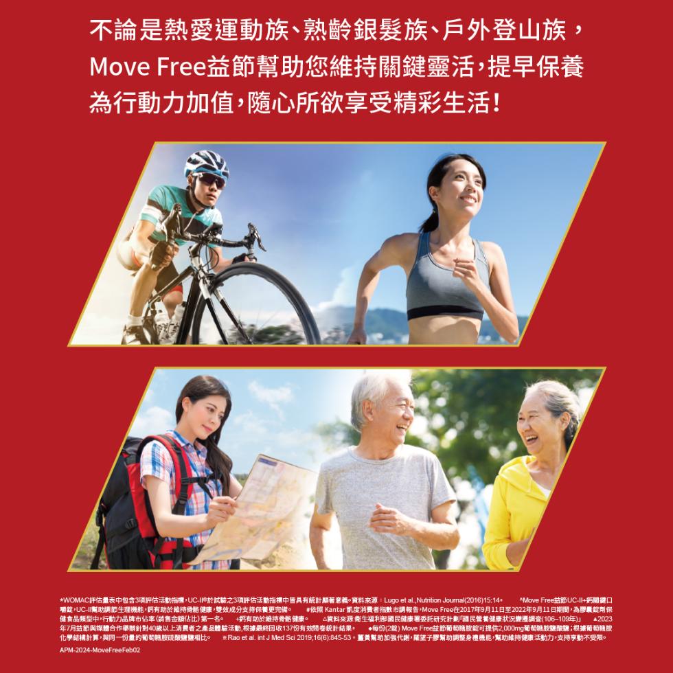 不論是熱愛運動族、熟齡銀髮族、戶外登山族,Move Free益節幫助您維持關鍵靈活,提早保養，為行動力加值,隨心所欲享受精彩生活!WOMAC評估量表中包含3項評估活動指標,UC-II 於試驗之3項評估活動指欄中皆具有統計顯著意義。資料來源:Lugo 