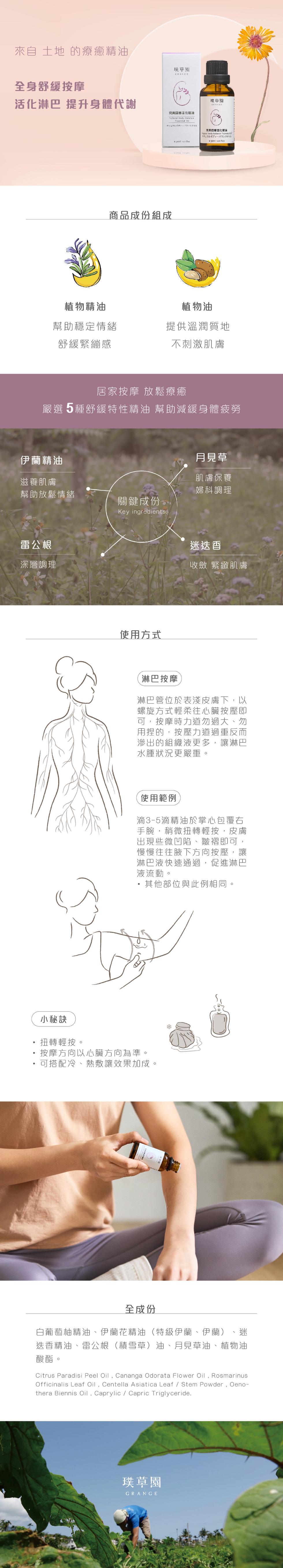 來自 土地 的療癒精油，全身舒緩按摩，活化淋巴 提升身體代謝，璞草園，璞草園，完美回春活化精油，ナチュラルボディーバランスオイル，完美四春活化精油，ナチュラルボディーバランスオイル，商品成份組成，植物精油，植物油，幫助穩定情緒，舒緩緊繃感，提供溫潤質