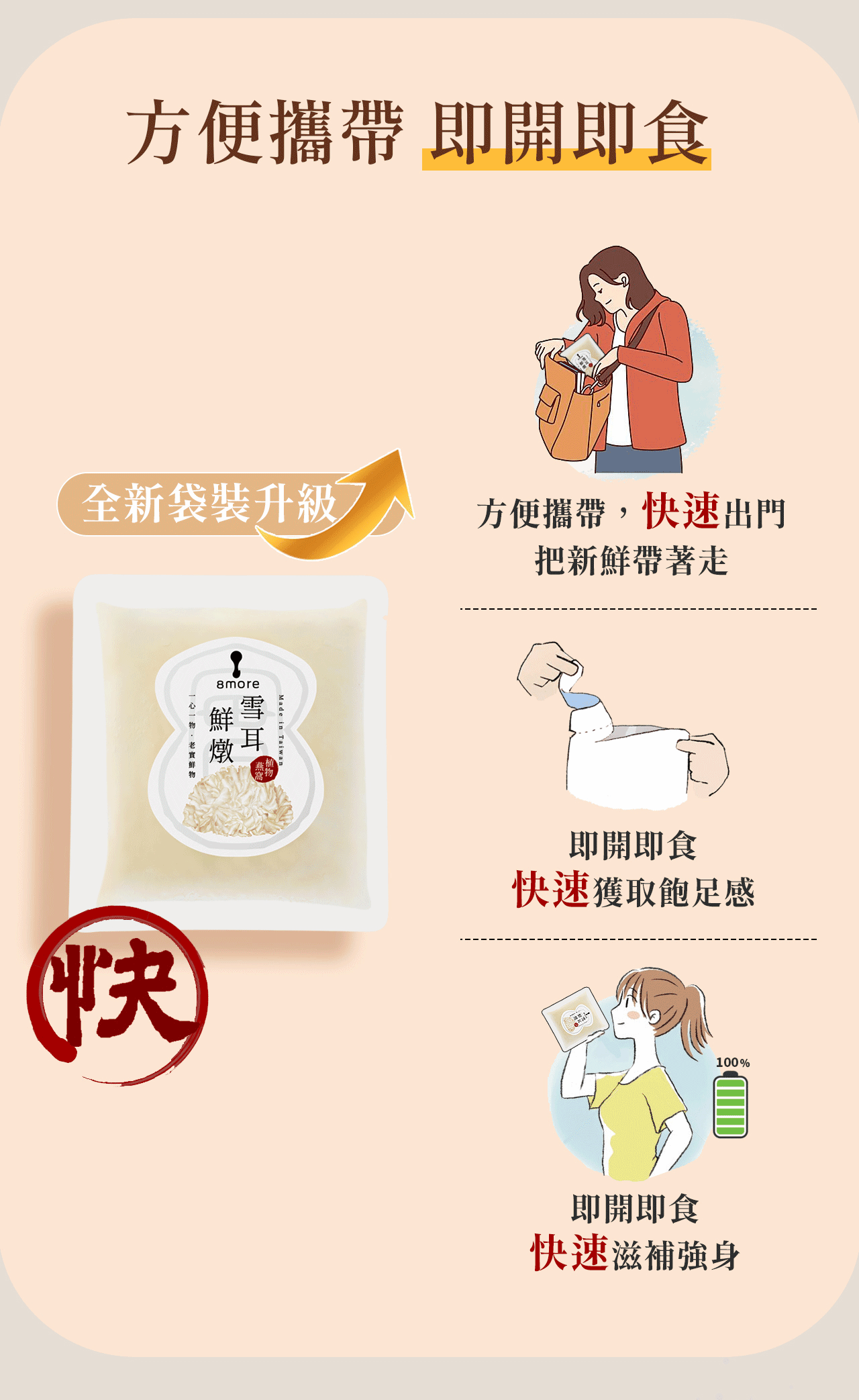 方便攜帶 即開即食，全新袋裝升級7，一心一物。老實鲜物，方便攜帶,快速出門，把新鮮帶著走，即開即食，快速獲取飽足感，即開即食，快速滋補強身。