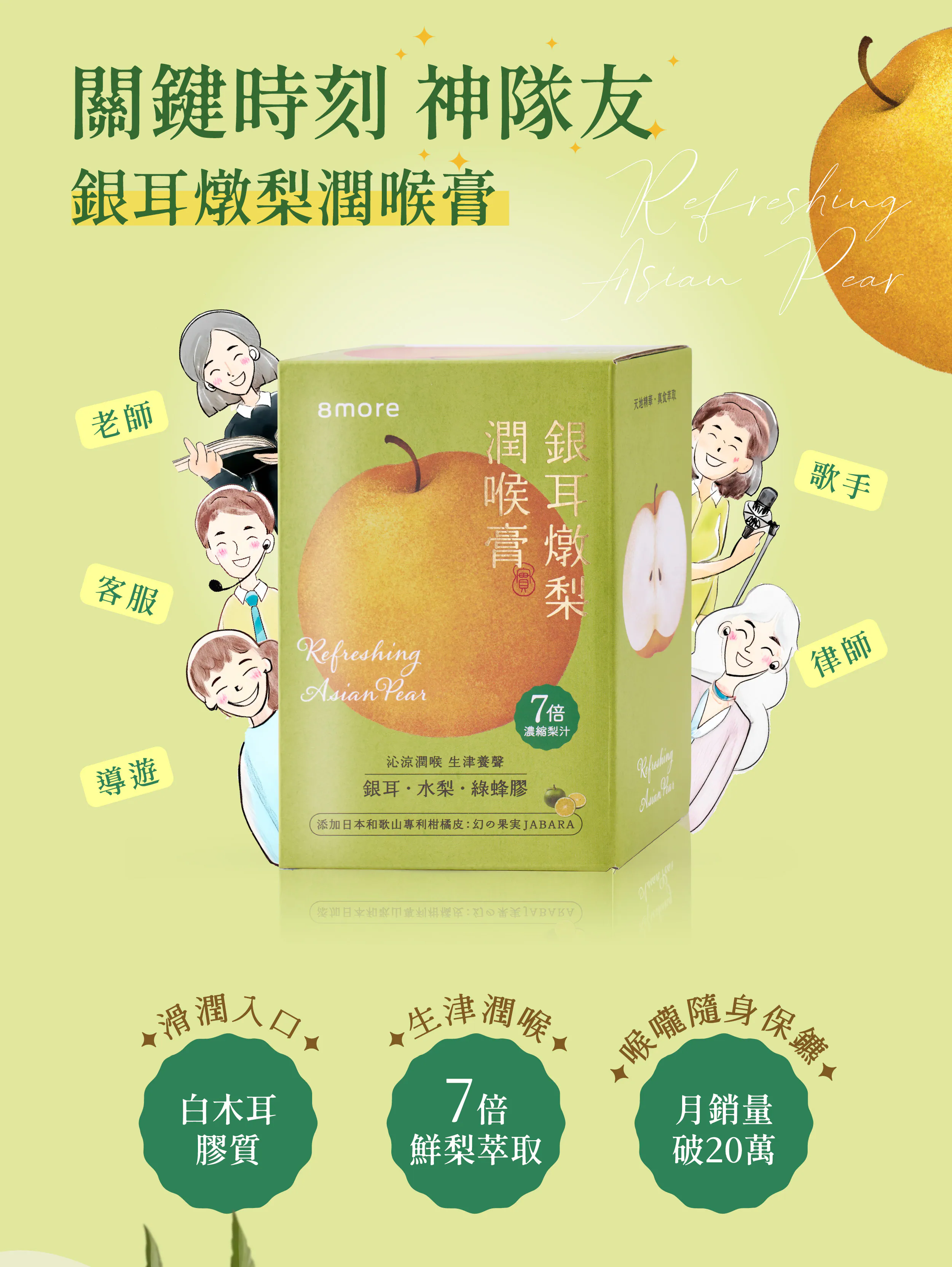 關鍵時刻 神隊友，銀耳燉梨潤喉膏，天地精華,真食萃取，沁涼潤喉 生津養聲，銀耳·水梨·綠蜂膠，濃縮梨汁，添加日本和歌山專利柑橘皮:幻の果実JABARA，机车系:91VBVBV，【滑潤入口，白木耳，生津潤喉☆，喉嚨隨身保鑣☆，月銷量，鮮梨萃取，破20萬