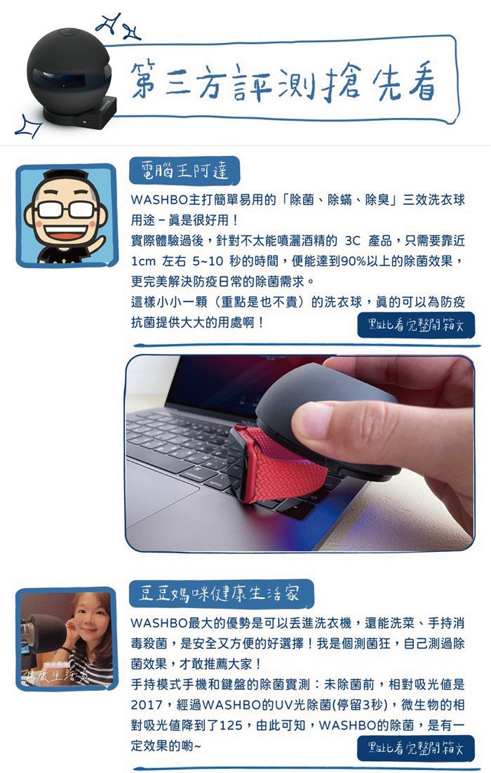 第三方評测搶先,電腦王阿達,WASHBO主打簡單易用的除菌、除蟎、除臭三效洗衣球,用途- 員是很好用!實際體驗過後,針對不太能噴灑酒精的3C產品,只需要靠近,1cm 左右5~10 秒的時間,便能達到90%以上的除菌效果,更完美解決防疫日常的除菌需求。