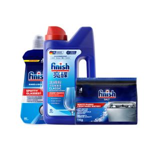 finish亮碟-洗碗機洗碗粉1kg+光潔潤乾劑400ml+軟化鹽1kg(3件組)