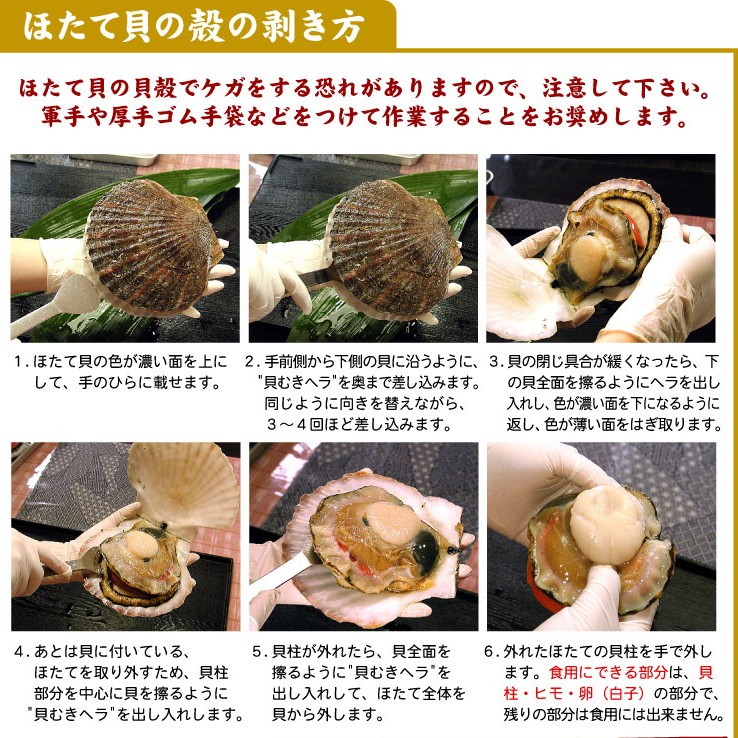 ほたて貝の殻の剥き方，ほたて貝の貝殻でケガをする恐れがありますので、 注意して下さい。軍手や厚手ゴム手袋などをつけて作業することをお奨めします。1.ほたて貝の色が濃い面を上に2.手前側から下側の貝に沿うように、3.貝の閉じ具合が緩くなったら、下，“貝