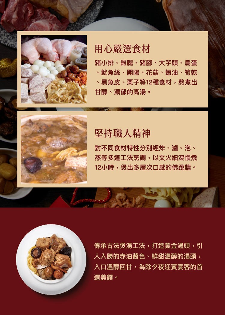 用心嚴選食材，豬小排、雞腿、豬腳、大芋頭、鳥蛋，魷魚絲、開陽、花菇、蝦油、筍乾，·黑魚皮、栗子等12種食材,熬煮出，甘醇、濃郁的高湯。堅持職人精神，對不同食材特性分別經炸、滷、泡、蒸等多道工法烹調,以文火細滾慢燉，12小時,煲出多層次口感的佛跳牆。傳