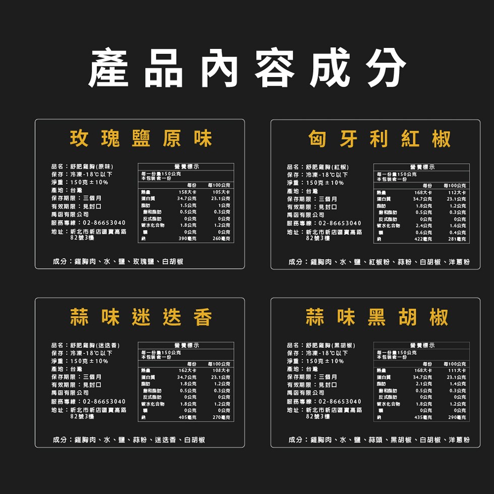 產品內容成分，玫瑰鹽原味，匈牙利紅椒，品名:舒肥雞胸(原味)，警養標示，警養標示，品名:舒肥雞胸(紅椒)，保存:冷凍-18℃以下，淨重:150克土10%，每一份量150公克，本包装會一份，保存:冷凍-18℃以下，淨重:150克土10%，產地:台灣，保